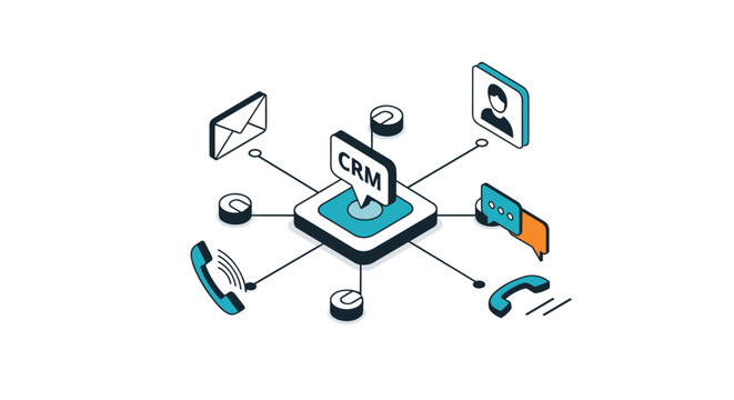 Customer relationship management CRM concept hub connected to email phone and social messaging communication.