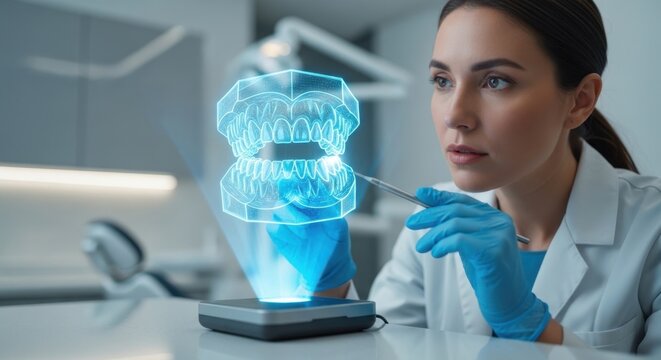 Futuristic dental technology, female dentist examining 3D hologram of human teeth, digital stomatology and innovative oral healthcare concept