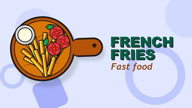 Vector Illustration of Crispy French Fries on Wooden Board with Sauce and Tomatoes for Fast Food Menu Design