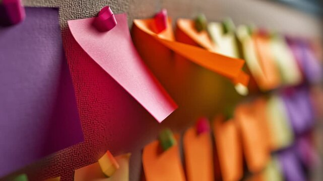 Colorful sticky notes with curled edges pinned on textured paper and pin board creating vibrant organized workspace dynamic pattern background