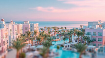 Naklejka premium Cozy seaside hotel view with blurred ocean and relaxing atmosphere.
