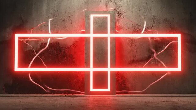 A glowing red neon cross embedded in a distressed concrete wall