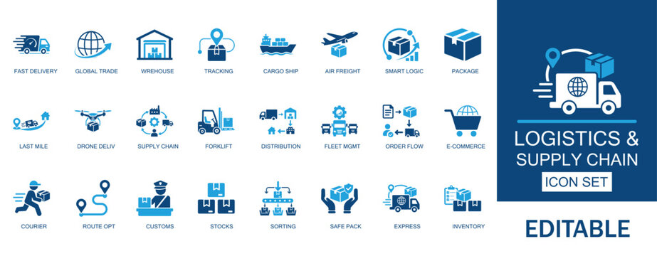 Logistics and supply chain solid icon set. Includes global trade, warehouse management, delivery tracking shipping, inventory, freight and freight transport. Flat vector style assets.