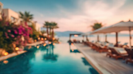 Fototapeta premium Blurred sunset hotel view with cozy atmosphere and warm colors.
