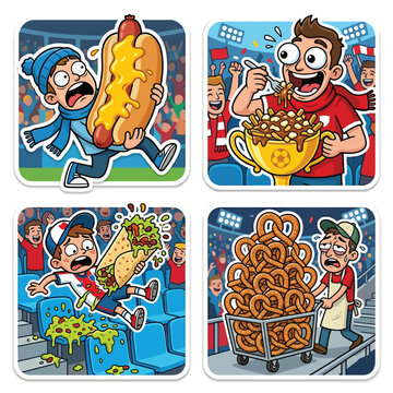 Hungry fan struggling to carry towering stadium hotdog covered in melted cheese next to supporter eating Canadian poutine out of replica trophy and messy kid dropping gigantic burrito.