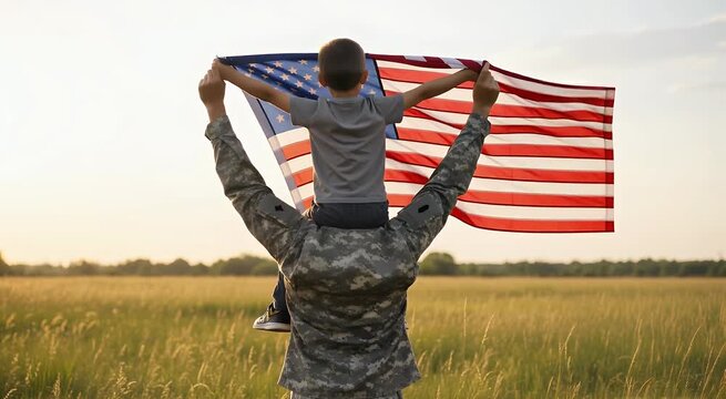Military father carrying son with American flag representing honor sacrifice and future generations of freedom.