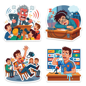 Angry manager grabbing the microphone to yell at reporters after a controversial defeat while a bored translator slowly falls asleep resting his heavy head directly on the wooden desk table.