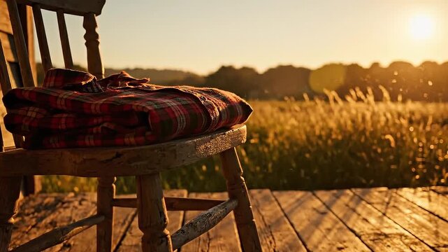 Folded flannel shirt on rustic wooden chair on farmhouse porch at golden sunset