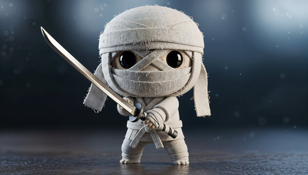 Chibi ninja mummy with sword, steady