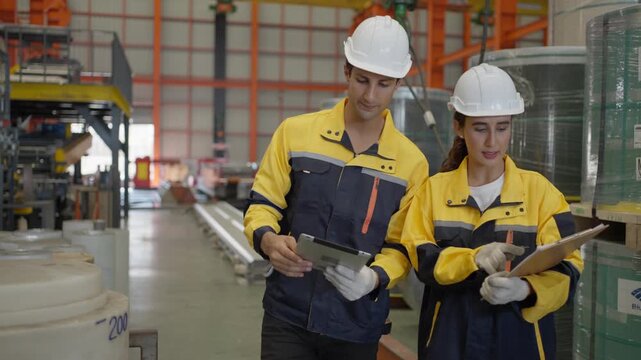 Industrial engineers reviewing production documents and discussing manufacturing operation inside factory.