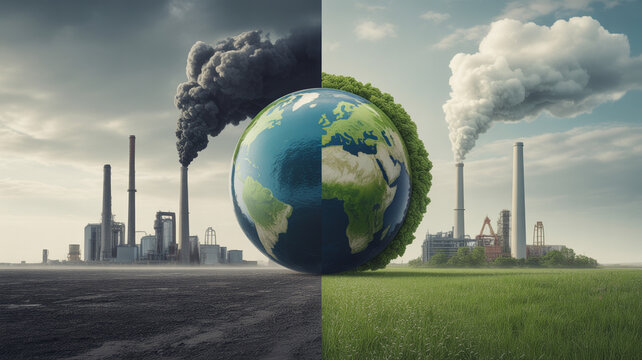 A globe with a face made of smoke from factories in the background, factories