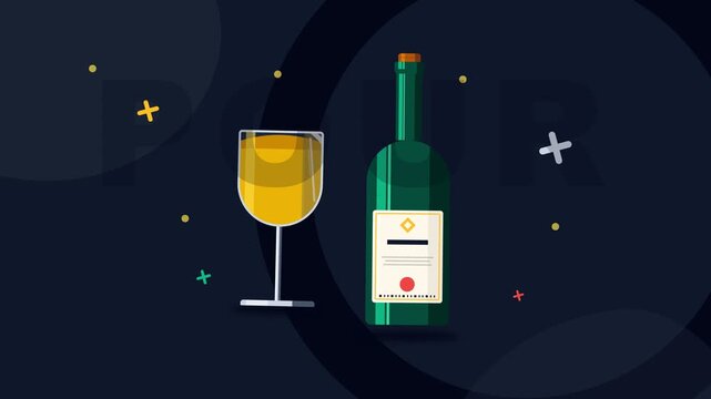 Modern Flat Vector Illustration of a White Wine Glass and Green Wine Bottle for Beverage Promotion