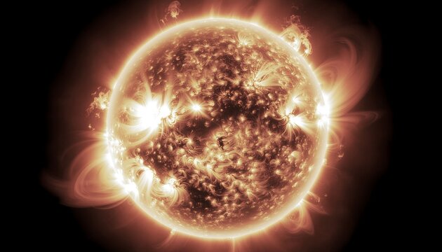 The Sun's blazing surface with dramatic solar flares and coronal loops erupting into black space, showcasing intense solar activity and immense cosmic power, symbolizing energy, celestial phenomena