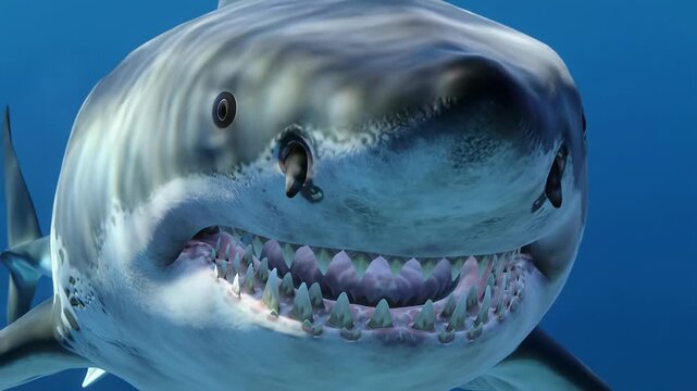 Majestic great white shark glides head-on in ecu, piercing eyes, serrated teeth, textured grey-white skin with rippling light on vast azure ocean. Primal power concept.