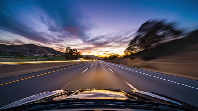 Stylized dashcam time lapse showing movement down highway at sunset with vibrant colors and changing skies