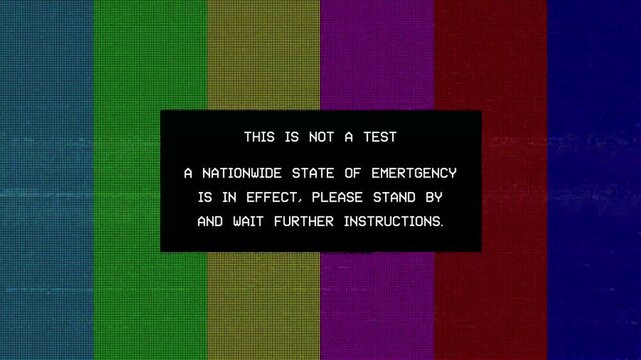 Animated television test pattern with color bars, emergency broadcast style glitch, analog distortion, scanlines and static noise.