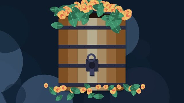 Flat Vector Illustration of a Wooden Storage Chest Decorated with Yellow Flowers and Green Foliage