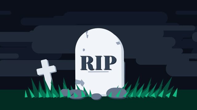 Minimalist Grave Stone with RIP Text and Cross on Grass at Night Background Illustration
