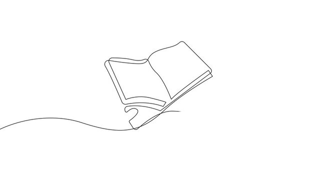 Continuous line Quran reading animation. One line open book on rehal symbol for Ramadan and Eid on clean white background