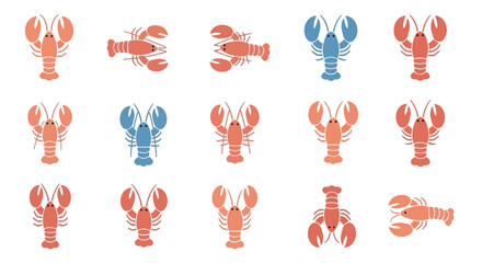 Fototapeta premium Stylized lobster icons in various poses and colors on white background