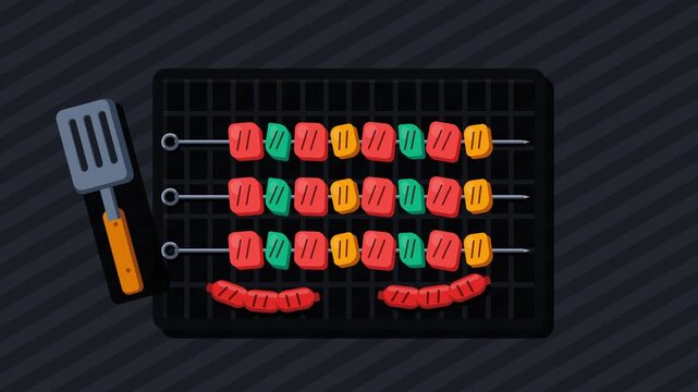Flat Design Barbecue Grill Animation with Meat Skewers Sausages and Spatula for Summer Picnic Concept