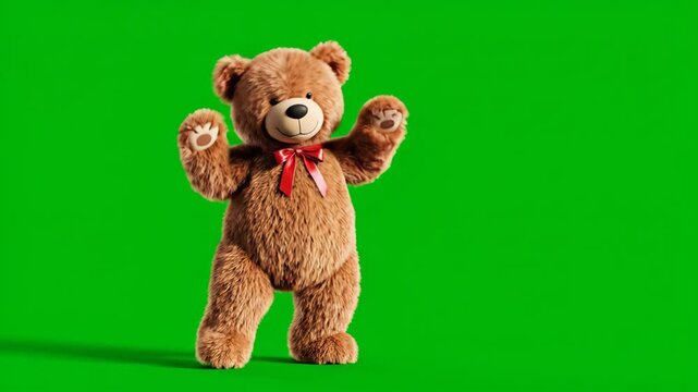 A charming brown teddy bear with a cheerful expression and a red bow tie performs playful movements on a chroma key green screen background, perfect for compositing.