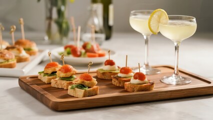Fototapeta premium Exquisite appetizers and cocktails on a sunlit table, creating an elegant and relaxed afternoon tea or party atmosphere, making it a visual material image suitable for food and banquet scenarios.