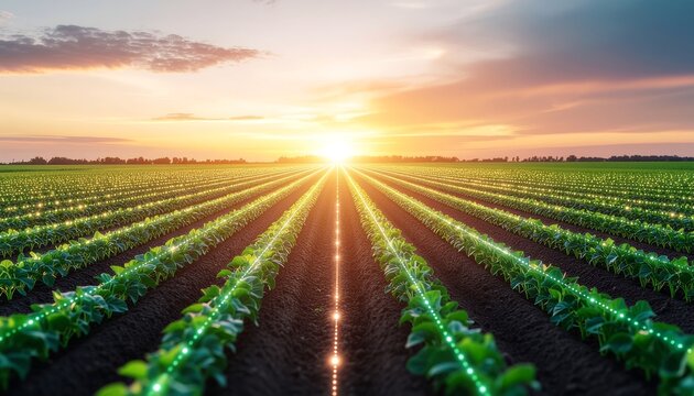Vibrant green saplings in perfect rows across vast agricultural field under a glowing sunset, with digital light trails and futuristic glowing data streams, symbolizing smart farming