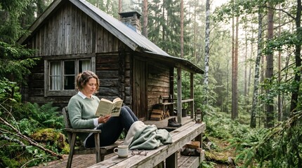 Fototapeta premium Candid portrait of a young woman reading a book on the porch of a rustic wooden cabin in a peaceful forest.