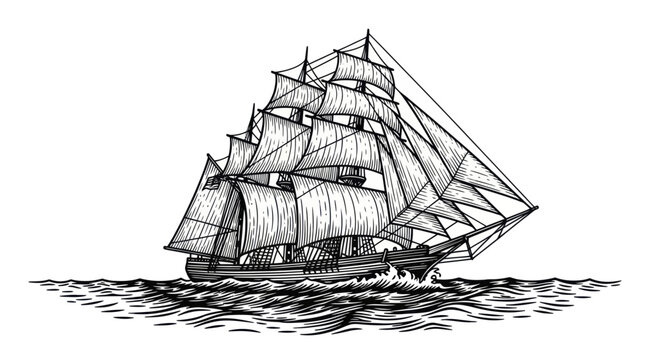 Antique Tall Ship Sailing on the Ocean Waves.