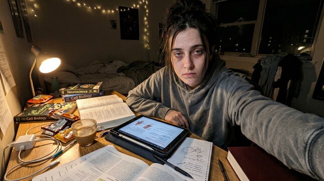 Tired and exhausted young woman student studying for exams late at night at a messy desk with textbooks and tablet.