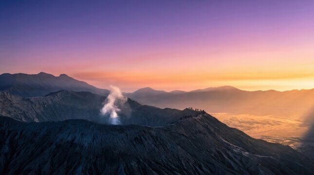 Stunning Sunrise Over Mount Bromo Volcano with Vibrant Sky and Volcanic Smoke.