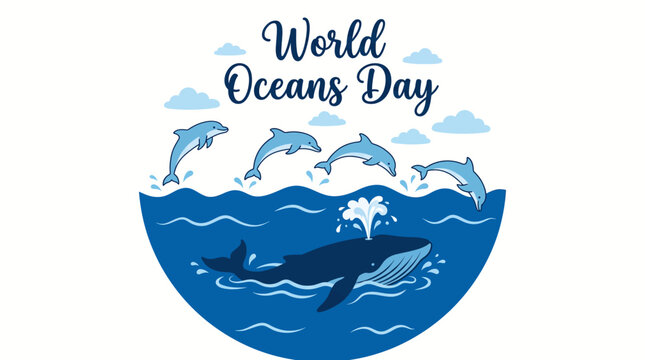 An illustration for World Oceans Day featuring a blue whale spouting water and five dolphins jumping over ocean waves under a cloudy sky.