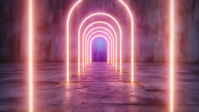 A neon-lit tunnel with archways fades into a glowing purple portal. Concrete floor & walls