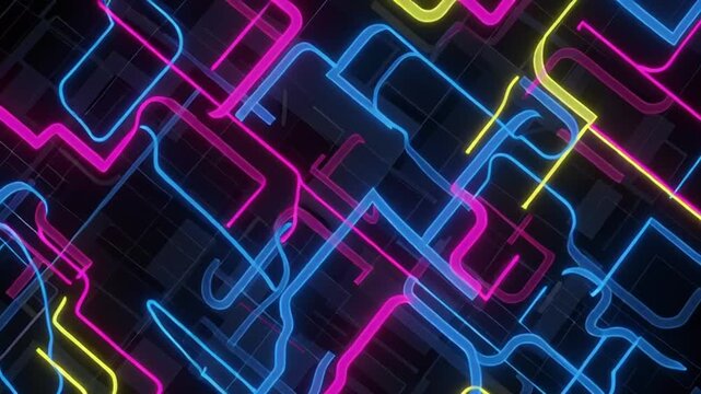 neon circuit maze glowing in dark futuristic technology background