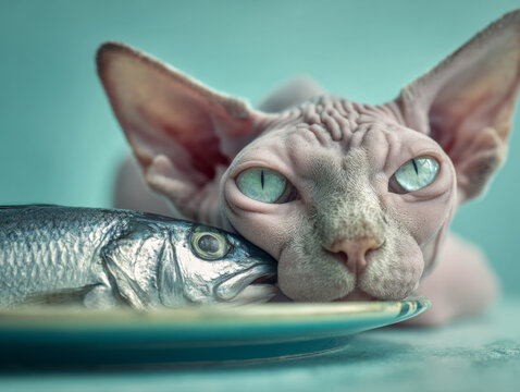 A sphynx cat with striking blue eyes resting its face next to a fresh fish on a plate capturing a unique and intimate moment of feline curiosity and anticipation