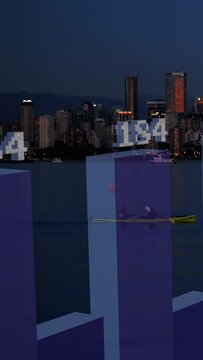 Vertical video: Dusk sparking bars animating columns sliding and updating numbers as rowers passing