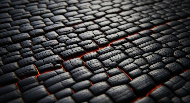 Charred Wooden Surface with Carbonized Blocks and Glowing Ember Light Macro Background