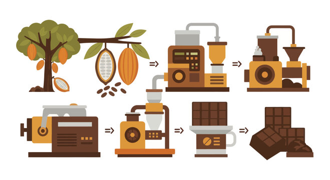 Chocolate making process from cocoa beans to finished bars.