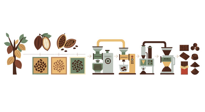 Chocolate Manufacturing Process From Bean to Bar Illustration.