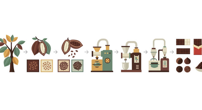 Cocoa bean to chocolate bar production process illustration.