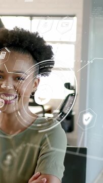 Vertical video: Woman smiling crossing arms business HUD appearing on glass presenting dollar icon