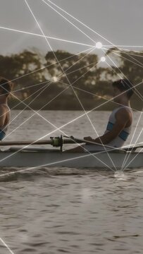 Vertical video: Rower pulling oar, two rowers syncing strokes for sports, overlay mapping timing