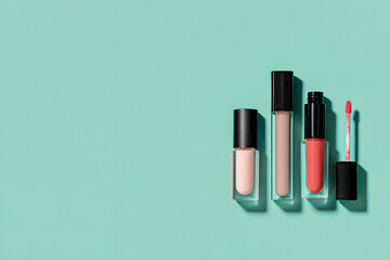 Obraz premium Three lip glosses and a wand are neatly arranged on a blue background.