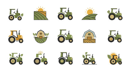 Collection of farm tractors and barns with sun and fields. © Ibuk