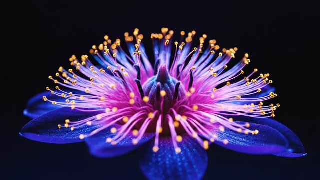 Macro shot of a bioluminescent flower featuring deep blue petals and luminescent pink filaments topped with golden stamen tips against a solid black background.