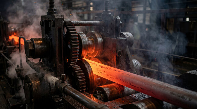 Industrial steel mill rolling machine processing hot glowing red steel billets surrounded by smoke