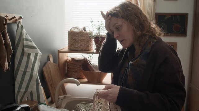 Middle aged tired woman unloading groceries while cooking in small kitchen in poor studio apartment
