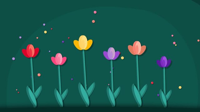 Stylized Colorful Tulips Growing Animation on Dark Green Background with Floating Particles