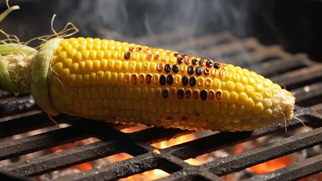 A close-up shot of a grilled ear of corn on a metal grate with visible smoke and flames, ready to eat